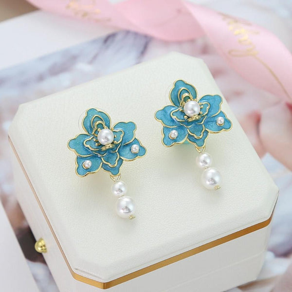 Veile Studios New Oil Dripping Blue Flower For Women Fashion Design Elegant Silver Needle Earrings