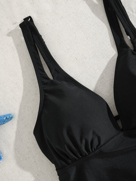 Solid Color Belted Slimming  One Piece Bikini Swimsuit For Women Swimwear