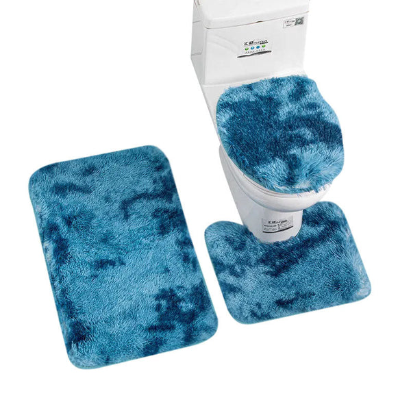Bath Mat Set 3Pc Dye Blue Bathroom Silk Tie Non Slip Rug Toilet Covers Bath Mats Rugs & Toilet Covers