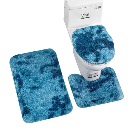 Bath Mat Set 3Pc Dye Blue Bathroom Silk Tie Non Slip Rug Toilet Covers Bath Mats Rugs & Toilet Covers