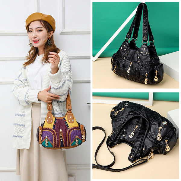 Women's Bags & Handbags Colored Mosaic Large Capacity Multilayer Washed Leather Handbag Product Information