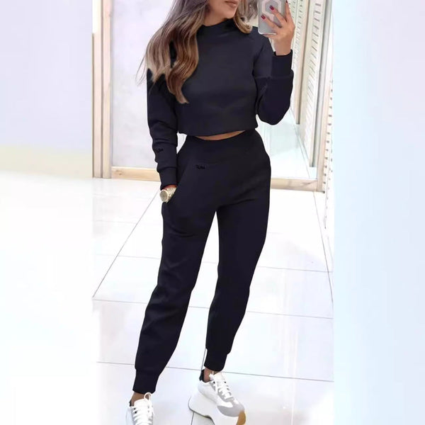 Stand Collar Sports Suit Fashion Pullover Long Sleeves Short Top And Slim Trousers With Pockets Solid Outfits Women's Clothing Other Home Décor