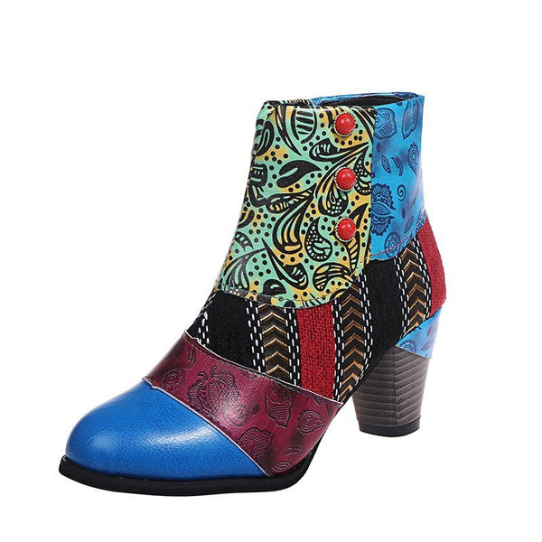 Bohemian Women's Boho Retro Block High Heels Zipper Boots