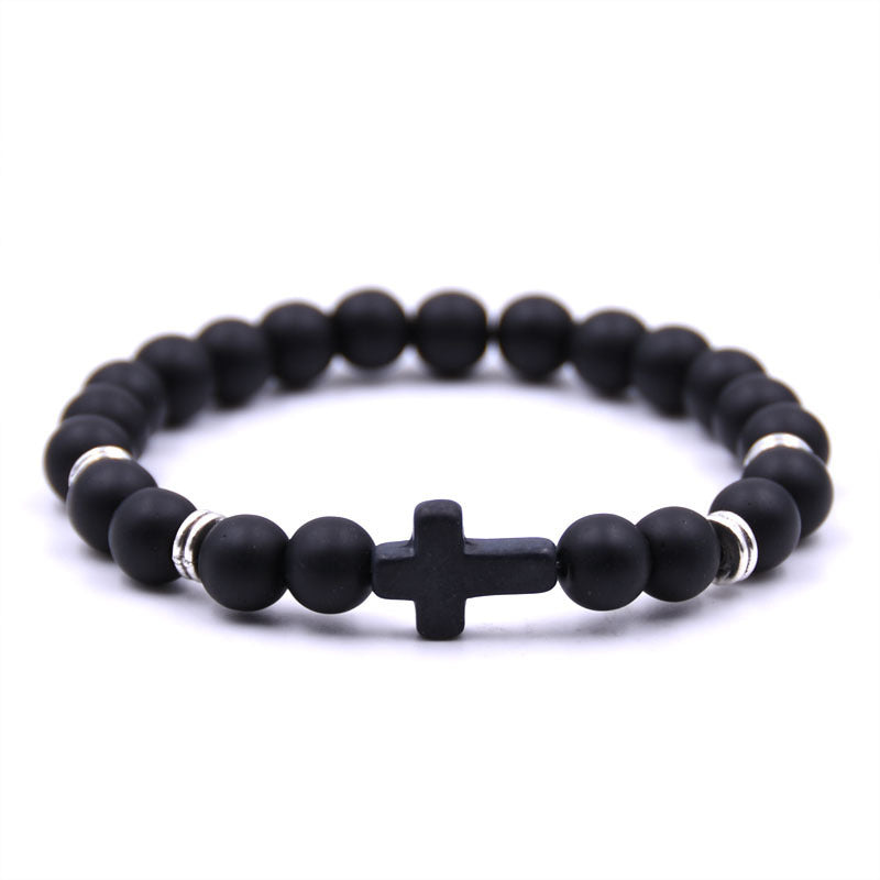Veile Studios Natural Stone Black Cross Elastic Wire Bracelet For Fashion Jewellery And Accessories Bracelets