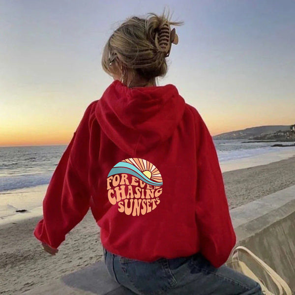 Women Fleece Lined Sunset Print Kangaroo Pocket Drawstring Hoodie Hoodies & Sweatshirts