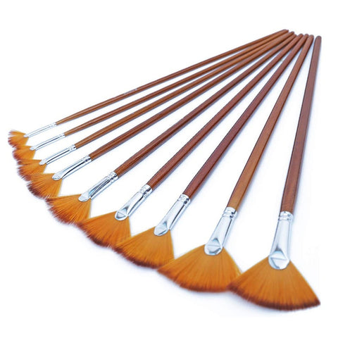 9Pcs Fan Artist Paint Brushes Anti Shedding Nylon Hair Wood Long Handle Artists Brushes