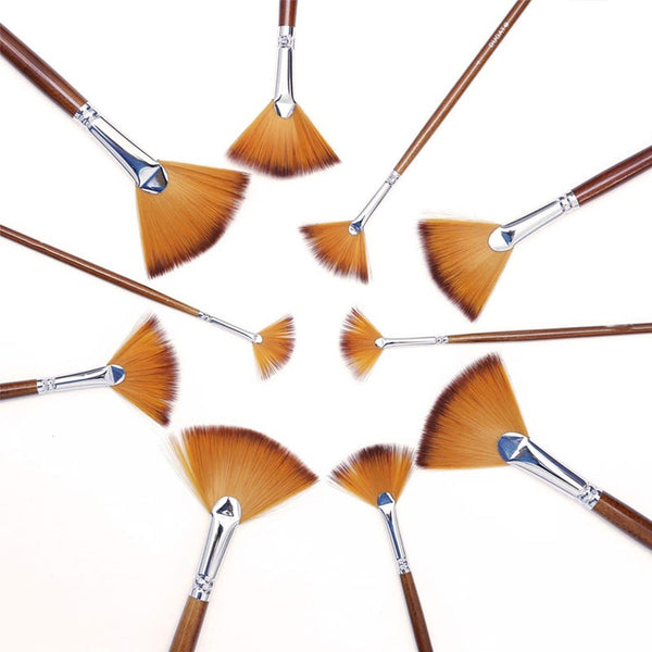 9Pcs Fan Artist Paint Brushes Anti Shedding Nylon Hair Wood Long Handle Artists Brushes