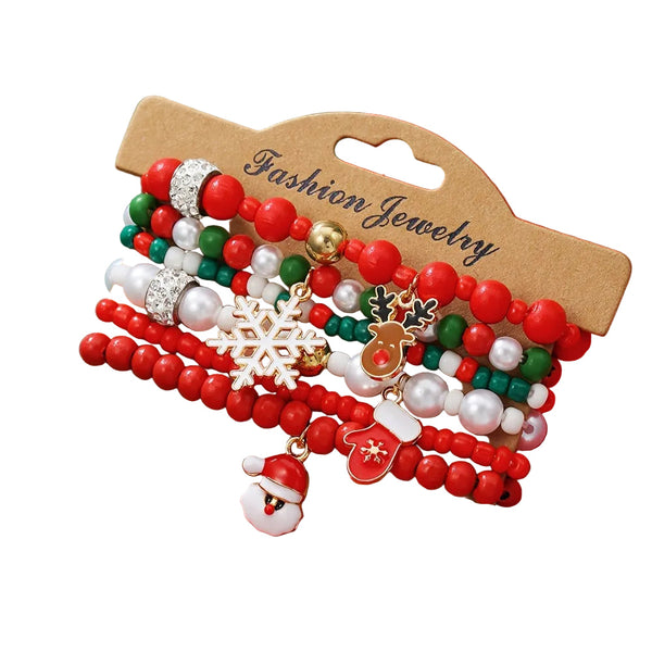 Christmas Bracelet Set With Reindeer Bells Tree Beads And Woven Polymer Clay. Bracelets