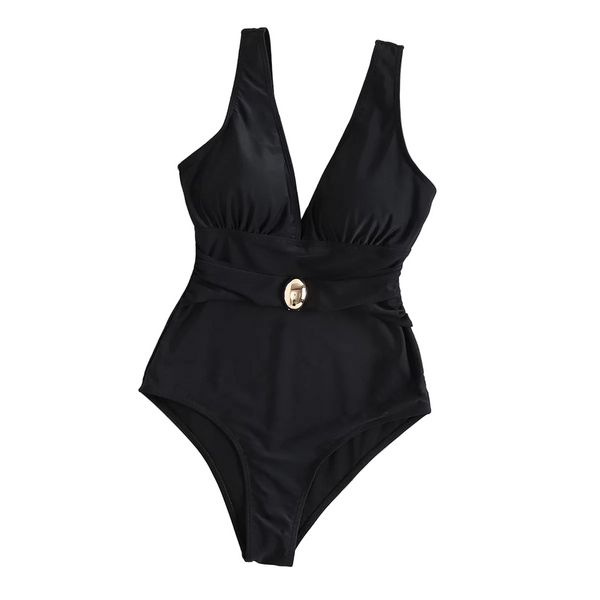 Solid Color Deep V Neck Slimming  One Piece Swimsuit For Women Swimwear
