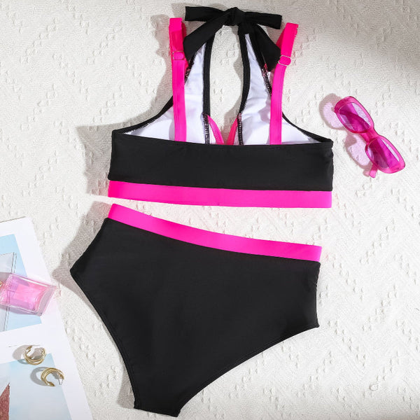 Color Blocked Halter High Waisted  Bikini Two Piece Swimsuit For Women Swimwear