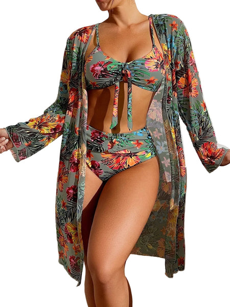 Long Top Split Three Piece Printed  Swimsuit Women's Bikini Swimwear