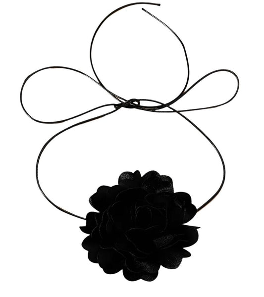 Veile Studios Retro Black Satin Peony Flower Neck Strap Necklace For Evening Fashion Wear Necklaces & Pendants