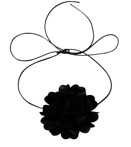 Veile Studios Retro Black Satin Peony Flower Neck Strap Necklace For Evening Fashion Wear Necklaces & Pendants