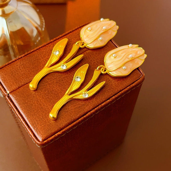 Veile Studios Oil Dripping Tulip Pearl Elegant For Women Earrings