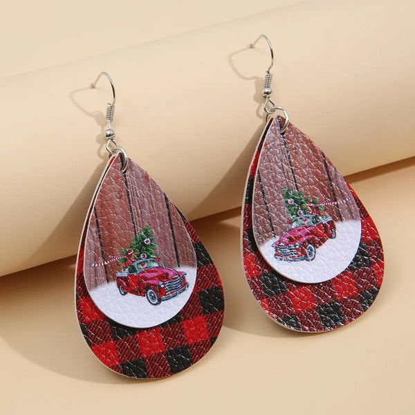 Pu Leather Plaid Teardrop Earrings
