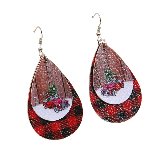 Pu Leather Plaid Teardrop Earrings