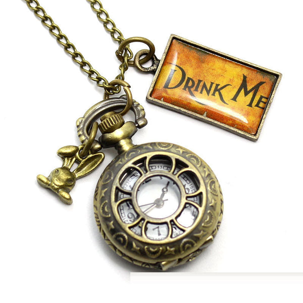 Veile Studios Small Alice Hollow Petal Pocket Watch With Pendant Rabbit Tag Alloy Design Pocket Watches