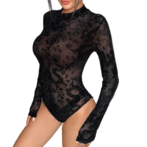 Lace Mesh Flocking Printed Sheer  Slim Fit Elegant Long Sleeve Jumpsuit Jumpsuits Rompers & Playsuits