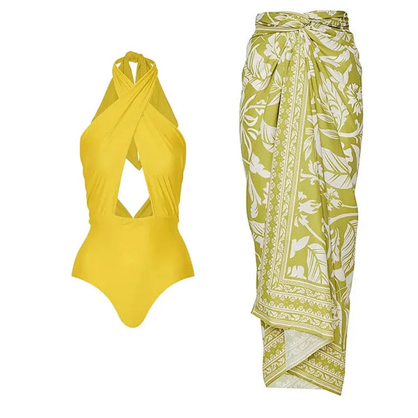 Cross Neck Solid Color Hollow One Piece Swimsuit For Women Swimwear