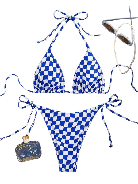 Lace Up Multi Color Checkered Split Swimsuit Women's Bikini Swimwear