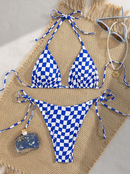 Lace Up Multi Color Checkered Split Swimsuit Women's Bikini Swimwear