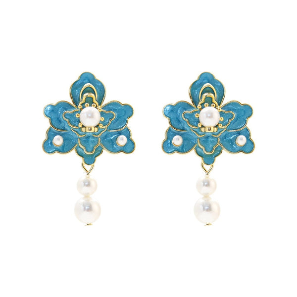 Veile Studios New Oil Dripping Blue Flower For Women Fashion Design Elegant Silver Needle Earrings