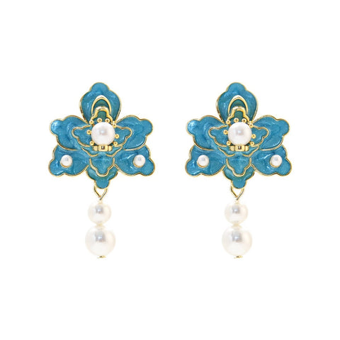 Veile Studios New Oil Dripping Blue Flower For Women Fashion Design Elegant Silver Needle Earrings