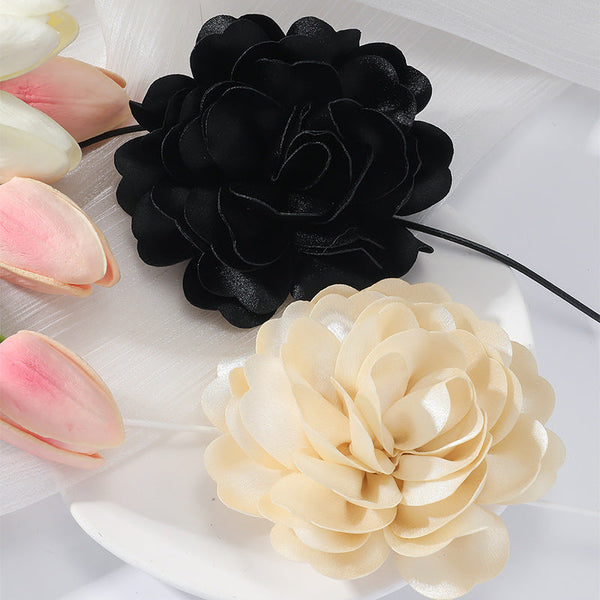 Veile Studios Retro Black Satin Peony Flower Neck Strap Necklace For Evening Fashion Wear Necklaces & Pendants