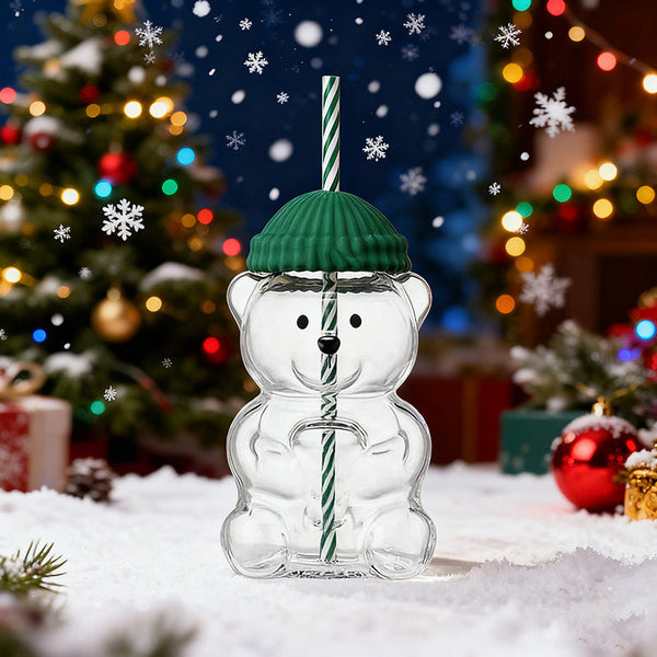 Cartoon Teddy Bear Shaped Glass Cup Christmas Straw Large Capacity Cups Mugs & Glasses