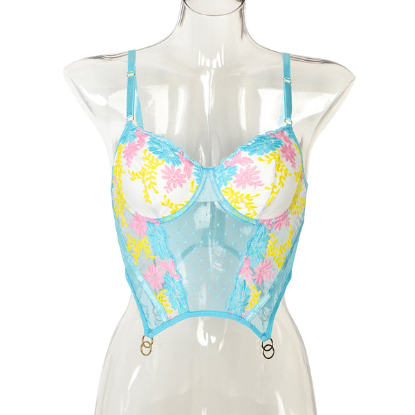 Women's Versatile Fresh Top Color Block Floral Embroidery Chest Lining Short Crop Tank Tops