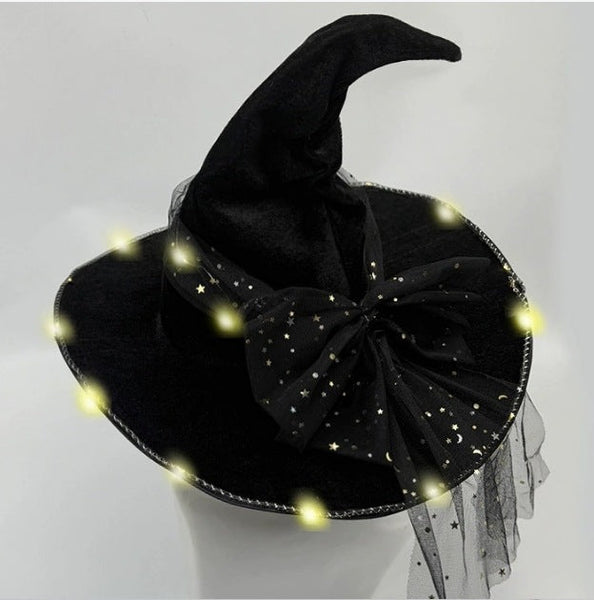 Halloween Wrinkled Witch Hat Party With Lights Black Velvet Makeup Props Hats