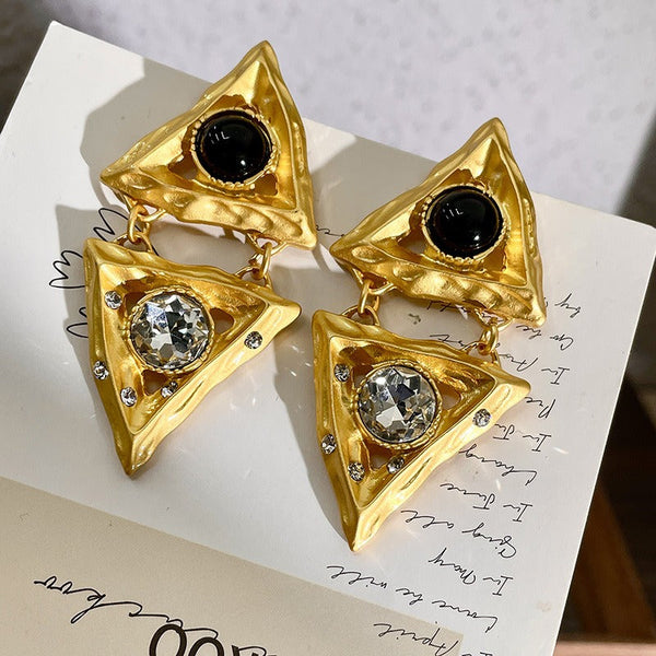 Veile Studios Middle Aged Crystal Hollow Diamond Triangle Embossed Geometric Design Earrings