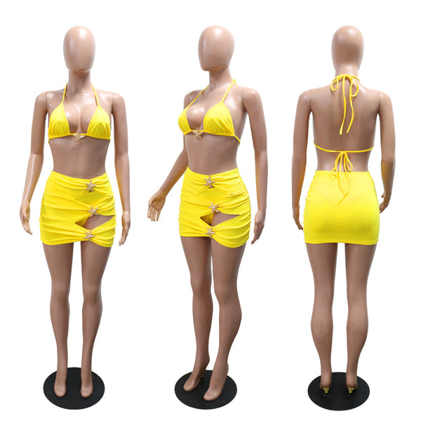 Beach Vacation Style Swimsuit Bikini Three Piece Set For Women With Belted Skirt Swimwear
