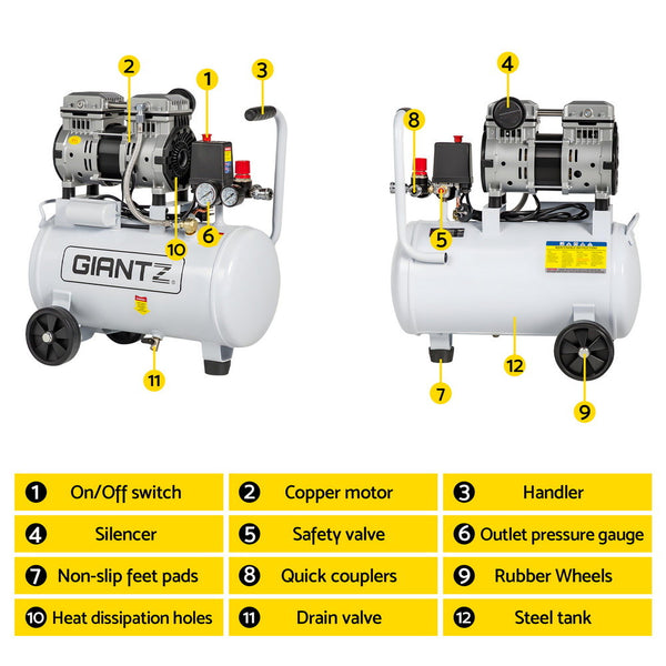 Giantz 24L Air Compressor Quiet 0.75Hp Oil Free Portable Tyre Inflator 40L/Min Deflators