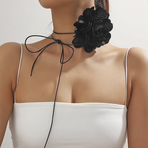 Veile Studios Retro Black Satin Peony Flower Neck Strap Necklace For Evening Fashion Wear Necklaces & Pendants