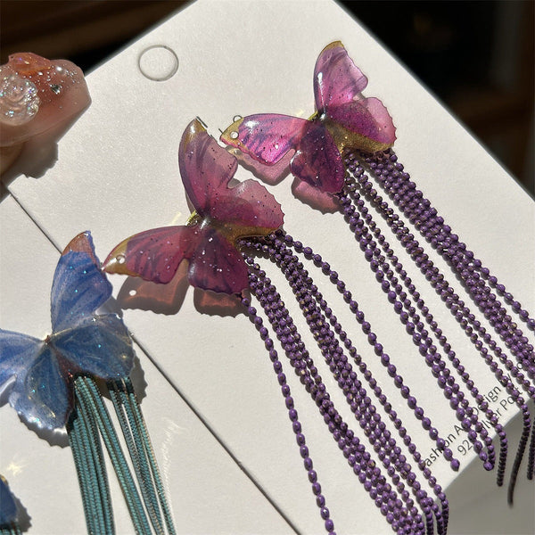 Veile Studios Butterfly Long Tassel Design Metal Elegant Ladies Women Jewelry Earrings