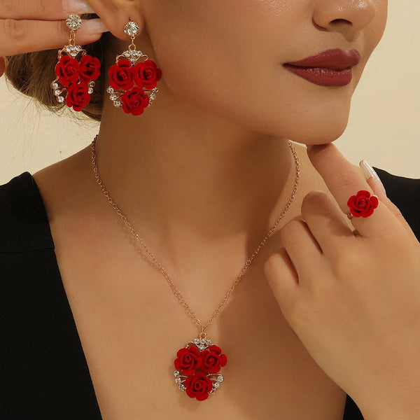 4Pcs/Set Romantic Lovely Red Rose Flower Inlaid Rhinestone Pendant Necklaces+Dangle Earrings+Ringfor Women Valentine's Day Gift Necklaces & Pendants