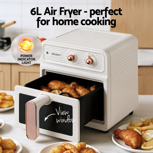 Devanti 6L Air Fryer Knob Control 1700W Cream Air Fryers
