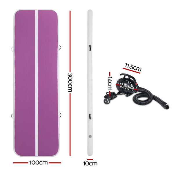 Everfit Inflatable Air Track Gymnastics Tumbling Exercise Yoga Mat With Pump Purple Mats & Non Slip Towels