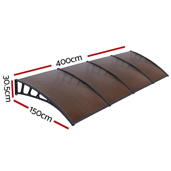 Instahut Door Awning Canopy 1.5Mx4m Brown Sheet Black Plastic Frame Awning & Canopy Parts
