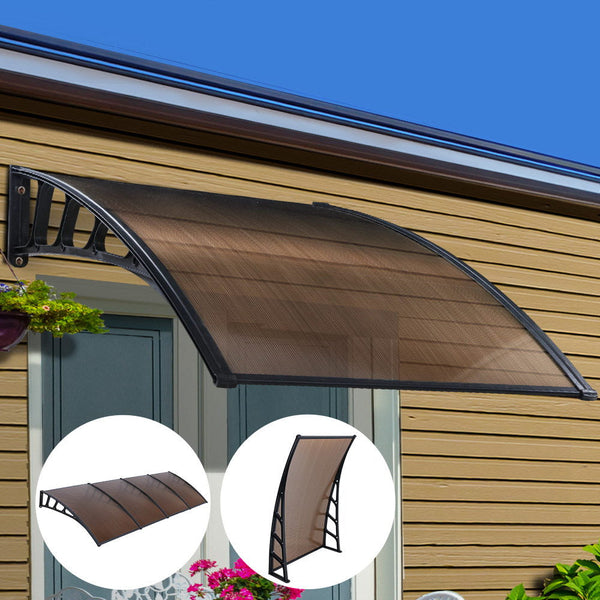 Instahut Door Awning Canopy 1.5Mx4m Brown Sheet Black Plastic Frame Awning & Canopy Parts