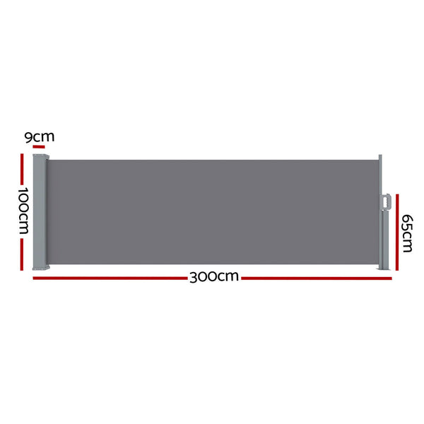 Instahut Side Awning Sun Shade Outdoor Blinds Retractable Screen 1X3m Grey Awning & Canopy Parts