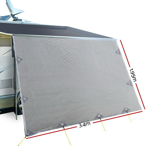 Caravan Privacy Screen Roll Out Awning 3.4X1.95M End Wall Side Sun Shade Grey Awnings