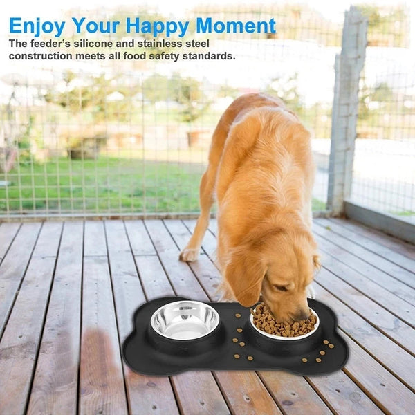 Dog Bowls Antislip Silicone Mat Stainless Steel Water Food Feeder Pet Feeding Drinking Bowls For Dogs Cats