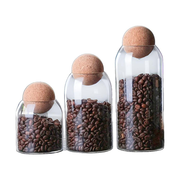 Condiments Container Set Of Three Glass Jars With Cork Ball Lids For Storage Canisters & Jars
