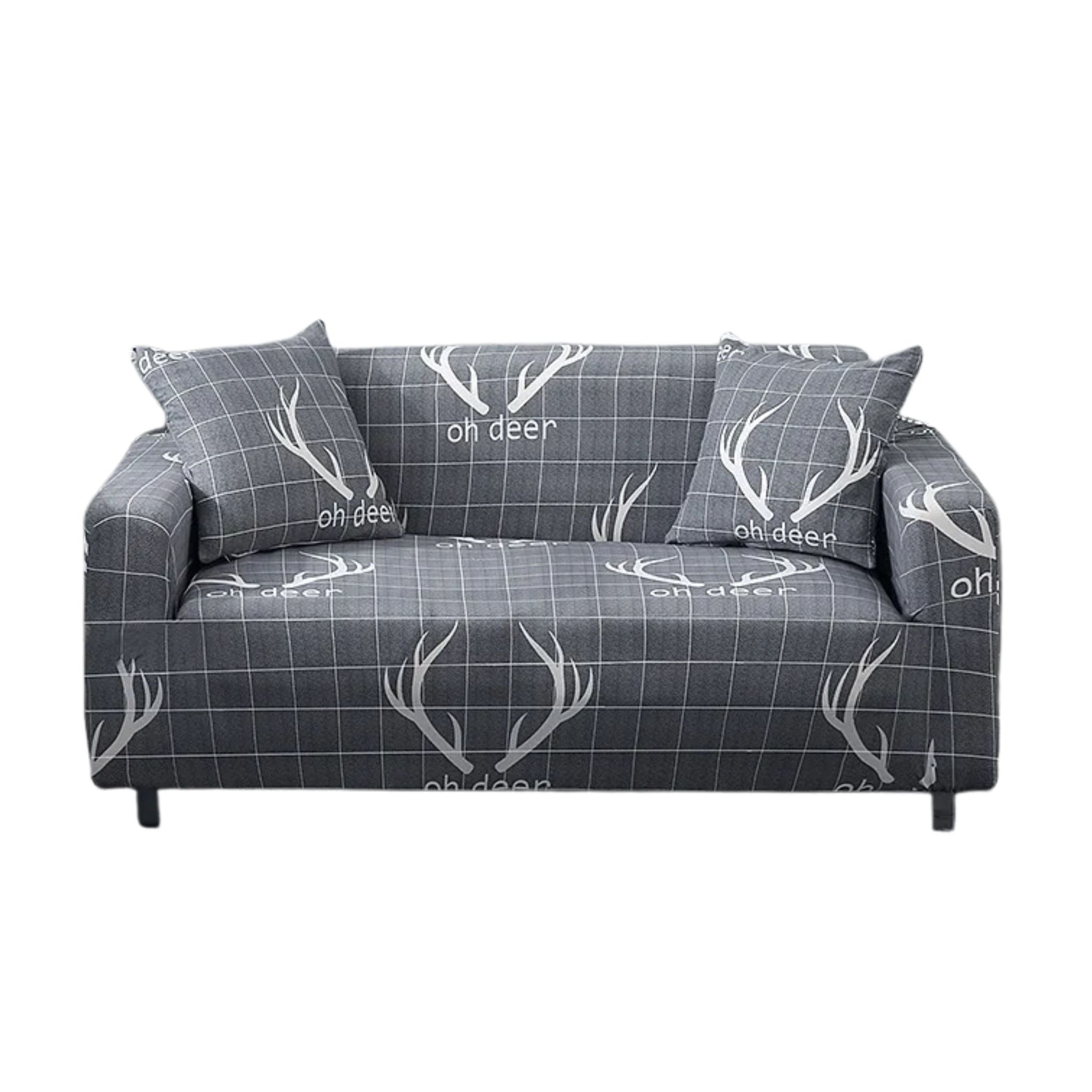 Sofa Cover Gray Plaid Christmas Reindeer Horn Design Stretchable Slipcover Slipcovers