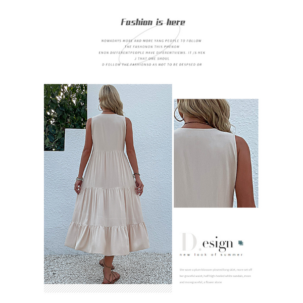 Apricot Flowy Sleeveless Midi Dress Solid Sundress With Decorative Buttons Dresses