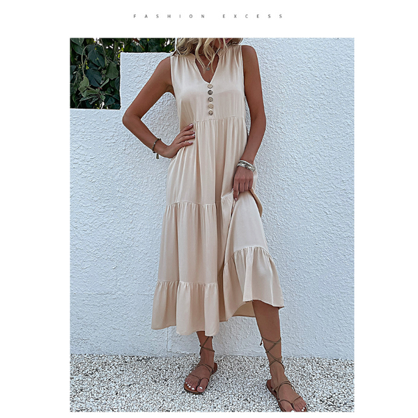 Apricot Flowy Sleeveless Midi Dress Solid Sundress With Decorative Buttons Dresses