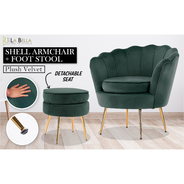 Armchair Lounge Chair Accent Velvet Shell Scallop + Ottoman Footstool Round Green Accent Chairs