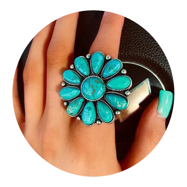 Artificial Turquoise Alloy Flower Ring Rings